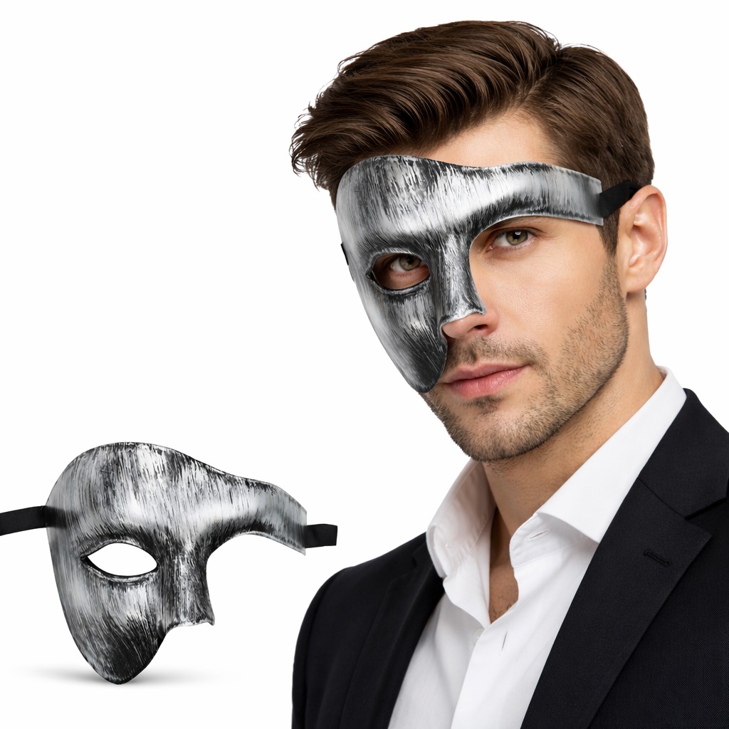 Antik Eskitme Gümüş Erkek Yarım Maske - Phantom Parti &amp; Balo Maskesi
