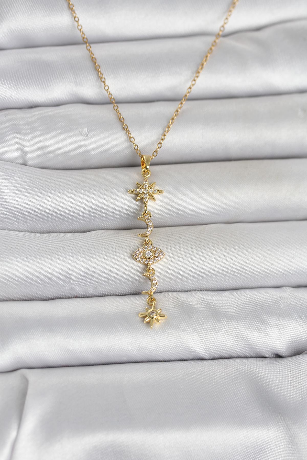 316L Çelik Gold Renk Kutup Yıldızı Y Model Zirkon Taşlı Kadın Kolye - TJ-BKO11049