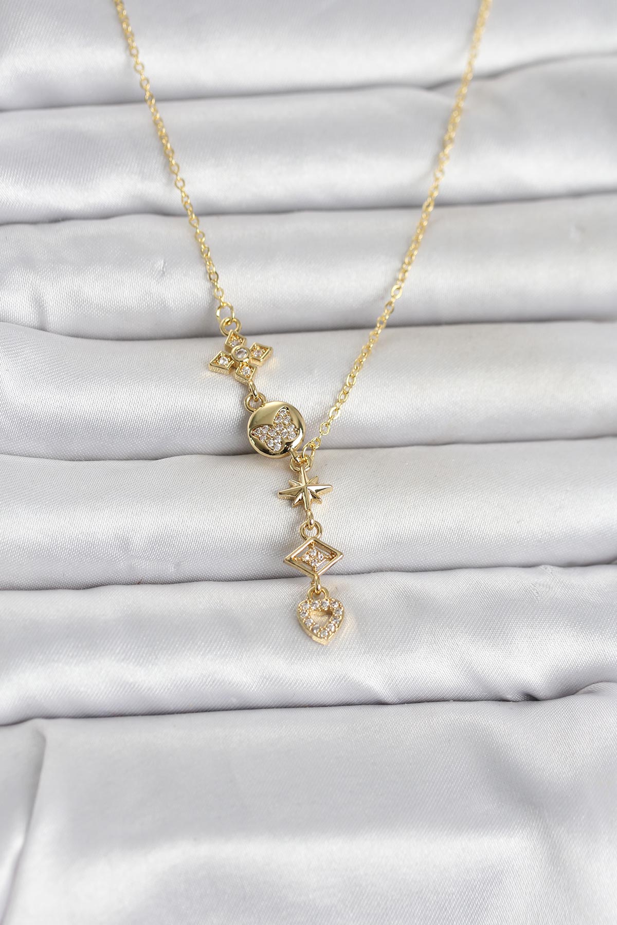 316L Çelik Gold Renk Zirkon Taşlı Y Kadın Kolye - TJ-BKO11053