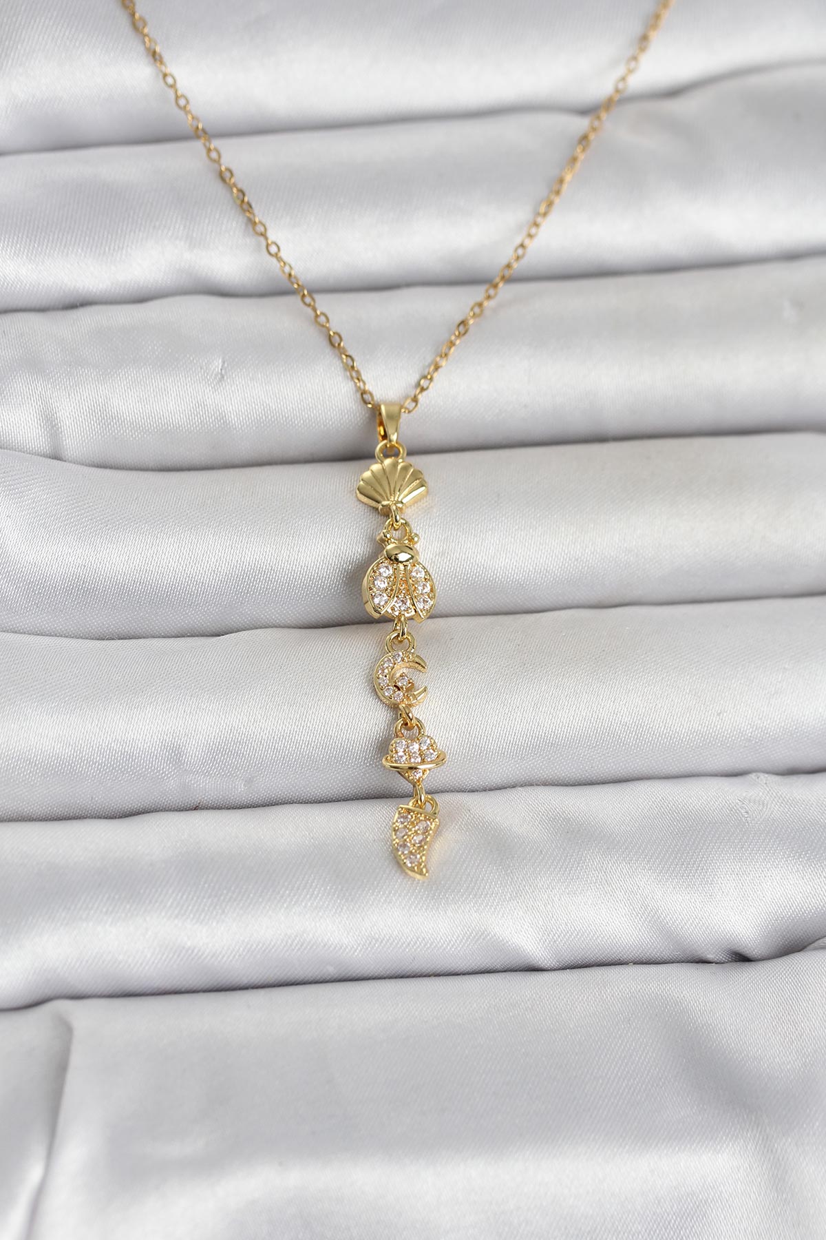 316L Çelik Gold Renk Deniz Temalı Y Model Zirkon Taşlı Kadın Kolye - TJ-BKO11051