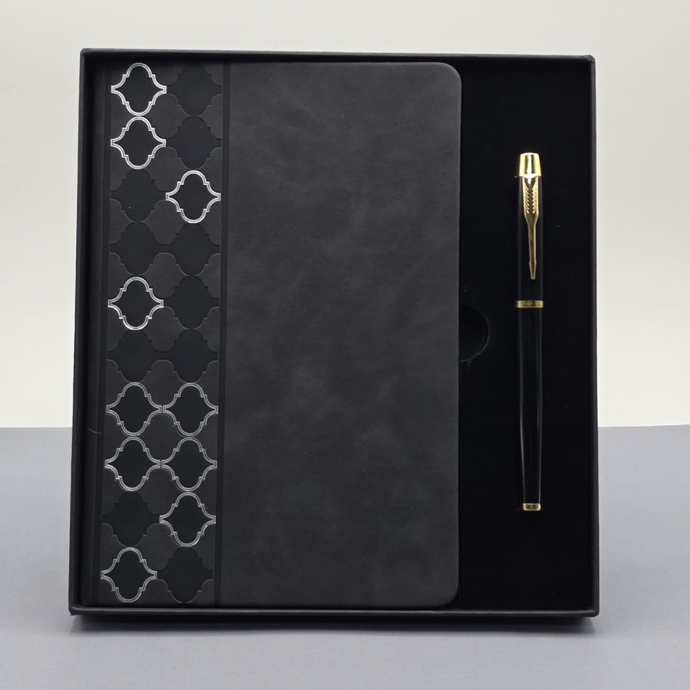 Desenli Siyah Deri Defter Kalem Set