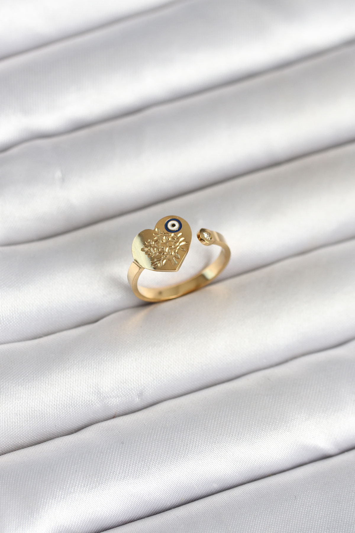 316L Çelik Gold Renk Nazar Detaylı Kalp Model Kadın Yüzük - TJ-BYK4167
