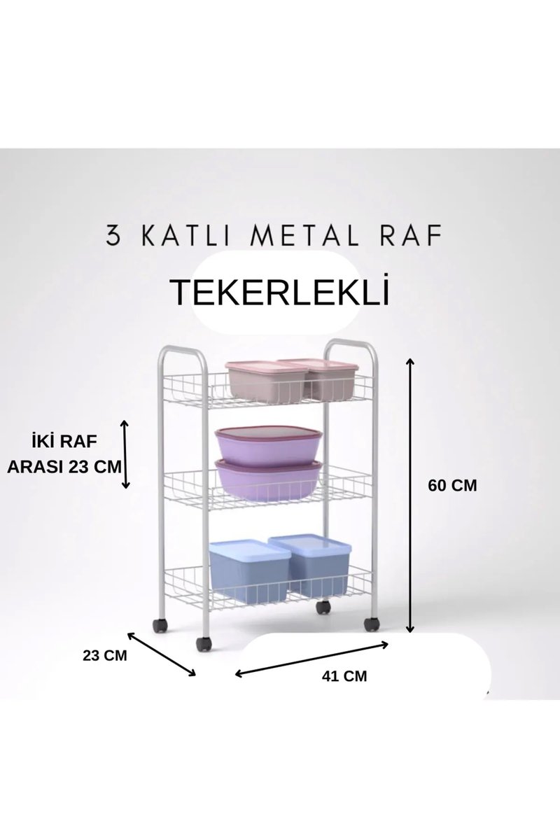 3 Katlı Metal Raf Tekerlekli- Düzenleyici - Organizatör (DEMONTE)