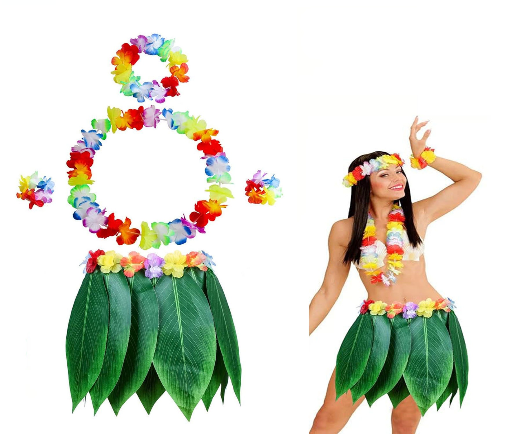 Yetişkin Hawaii Kostüm Seti - Yaprak Etek &amp; Hawaii Set - 5 Parça