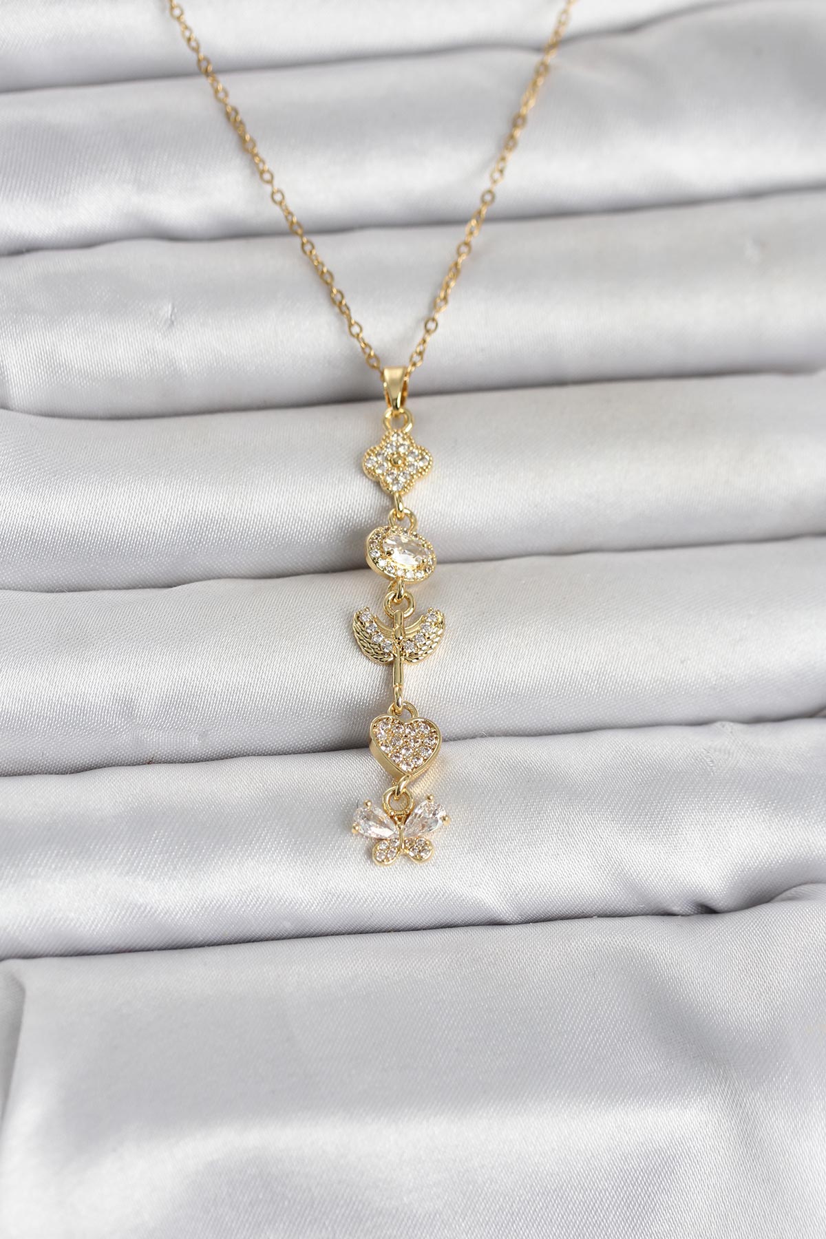 316L Çelik Gold Renk Şans Kolyesi Y Model Zirkon Taşlı Kadın Kolye - TJ-BKO11050