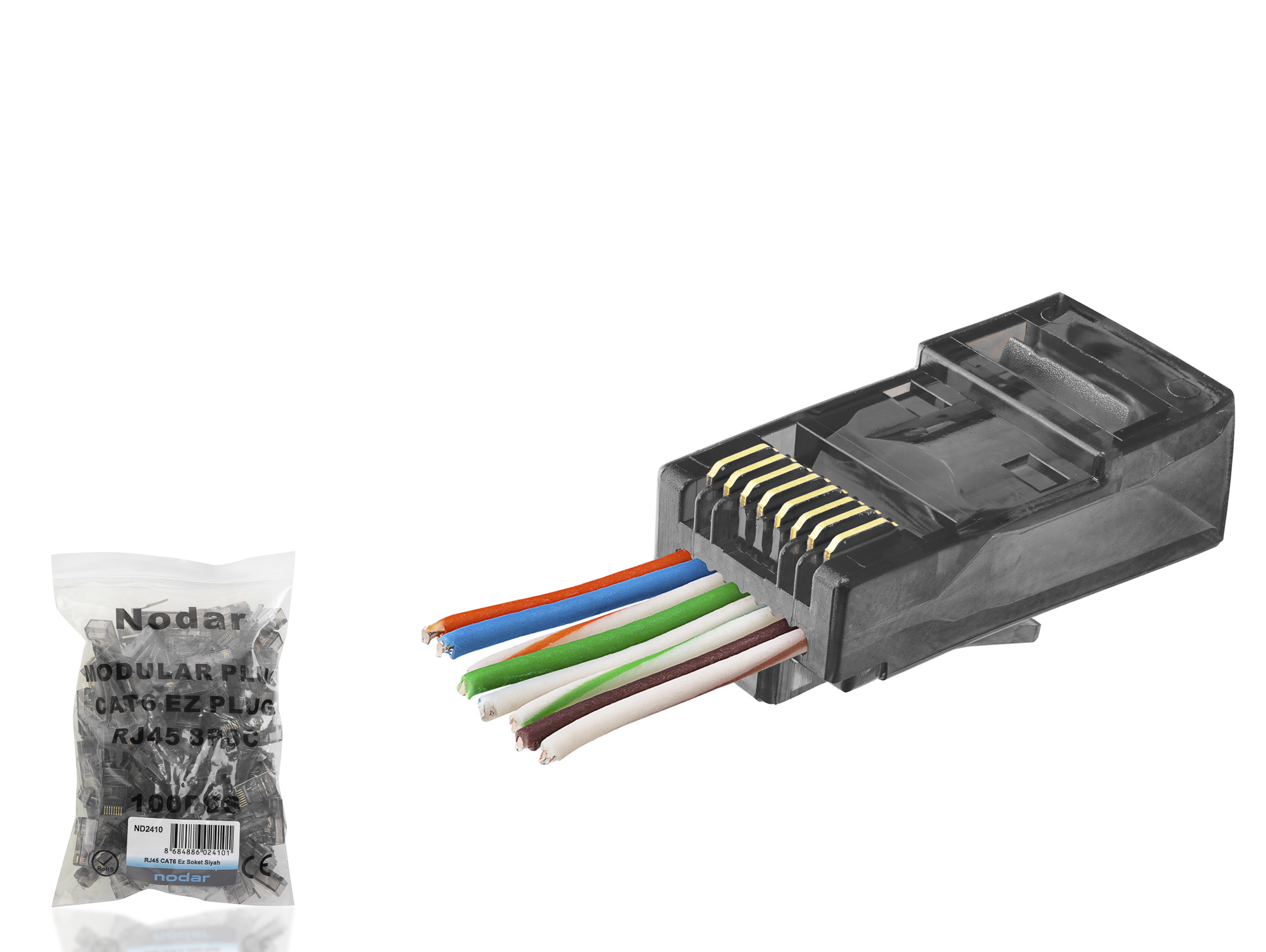 Cat6 Ez Rj45 Konnektör - 100 Adet Siyah / Ekonomik Poşet Paket ND2410