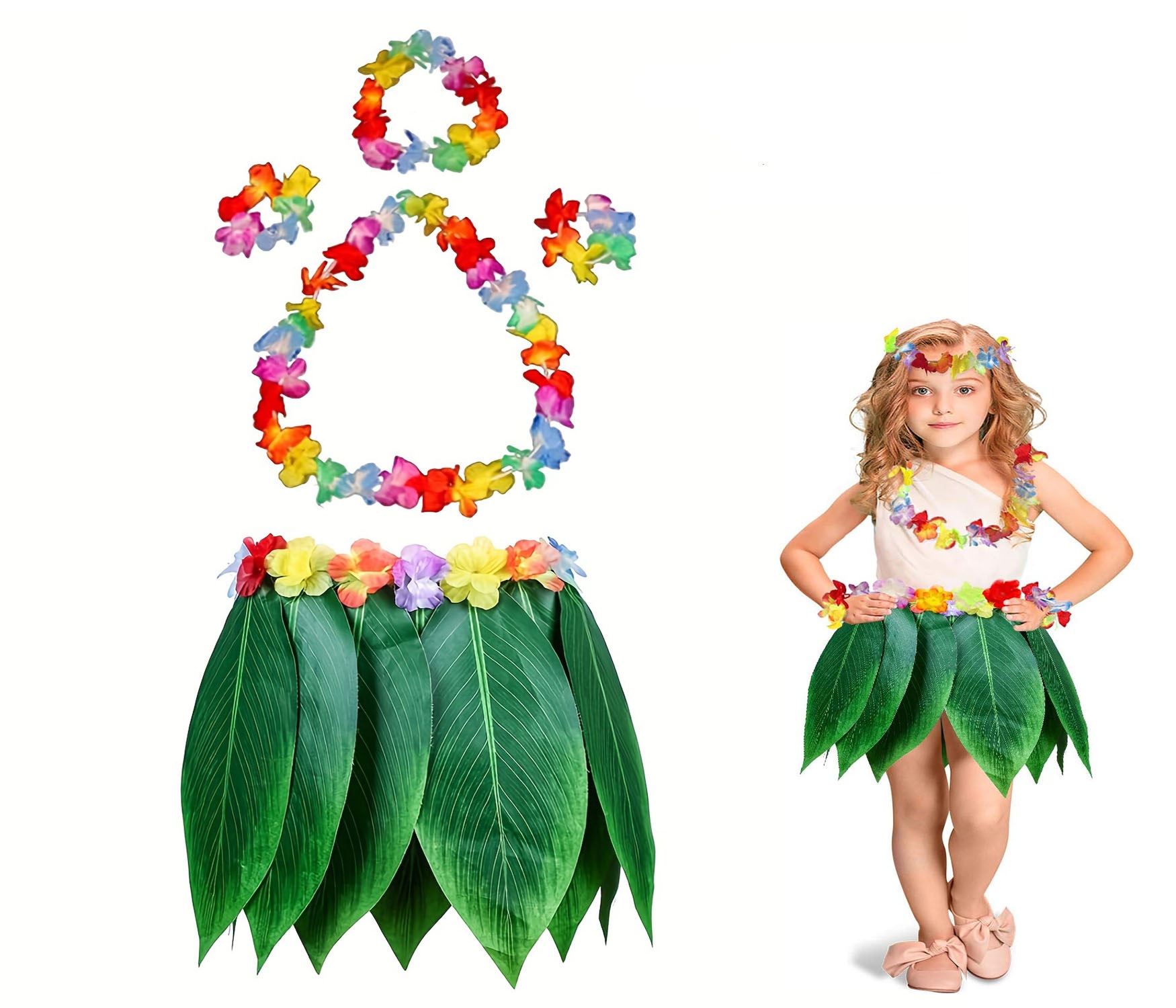 Çocuk Hawaii Kostüm Seti - Yaprak Etek &amp; Hawaii Set - 5 Parça