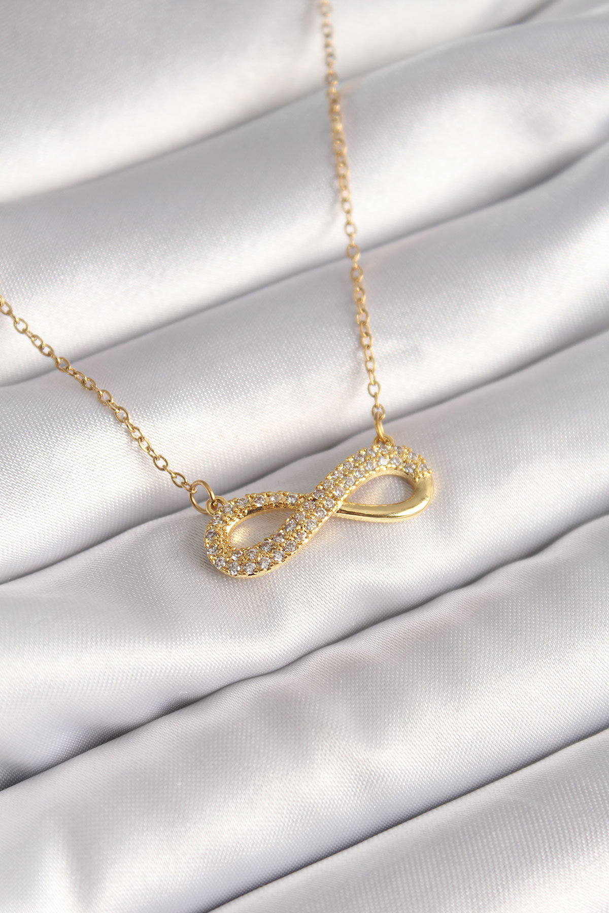 316L Çelik Gold Renk Zincir Zirkon Taşlı Sonsuzluk Model Kadın Kolye - TJ-BKO8410