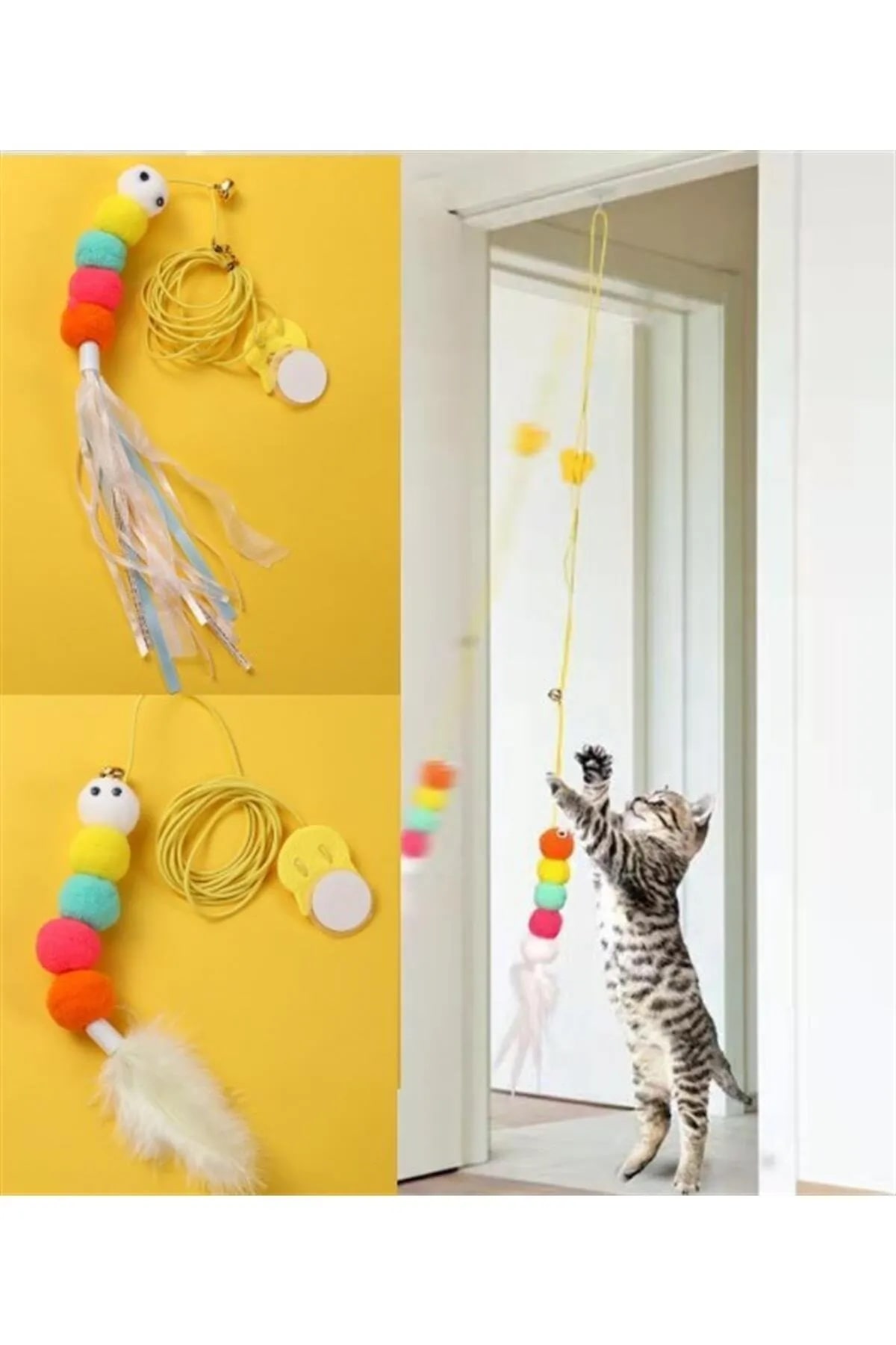 Elastik Tırtıl Kedi Oyuncağı Vantuzlu Lastikli Kedi Zilli Peluş Yakalama Egzersiz Oyuncağı