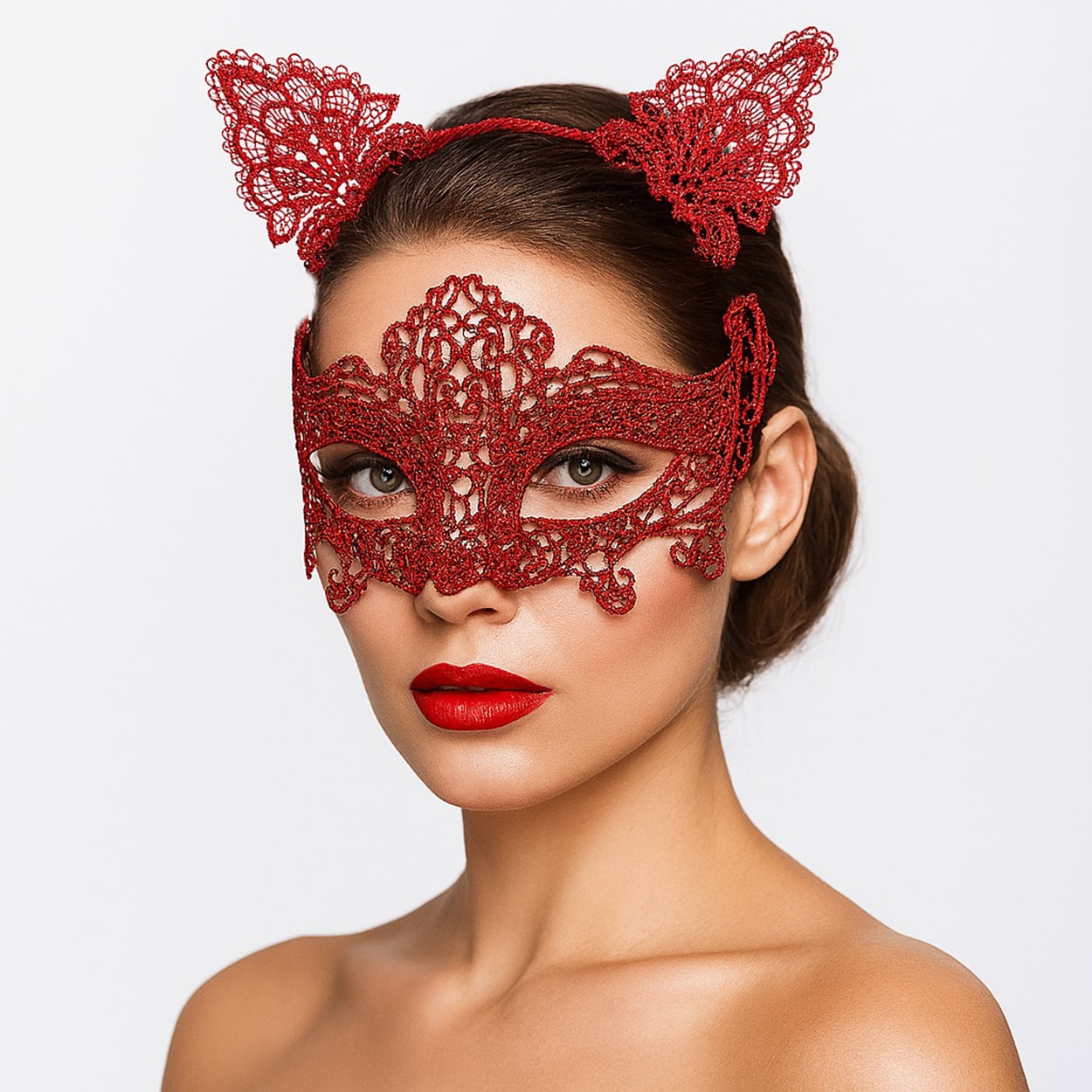 Romantik Kırmızı Dantel Maske Seti – Kedi Kulaklı Taç ve Maske 3 No