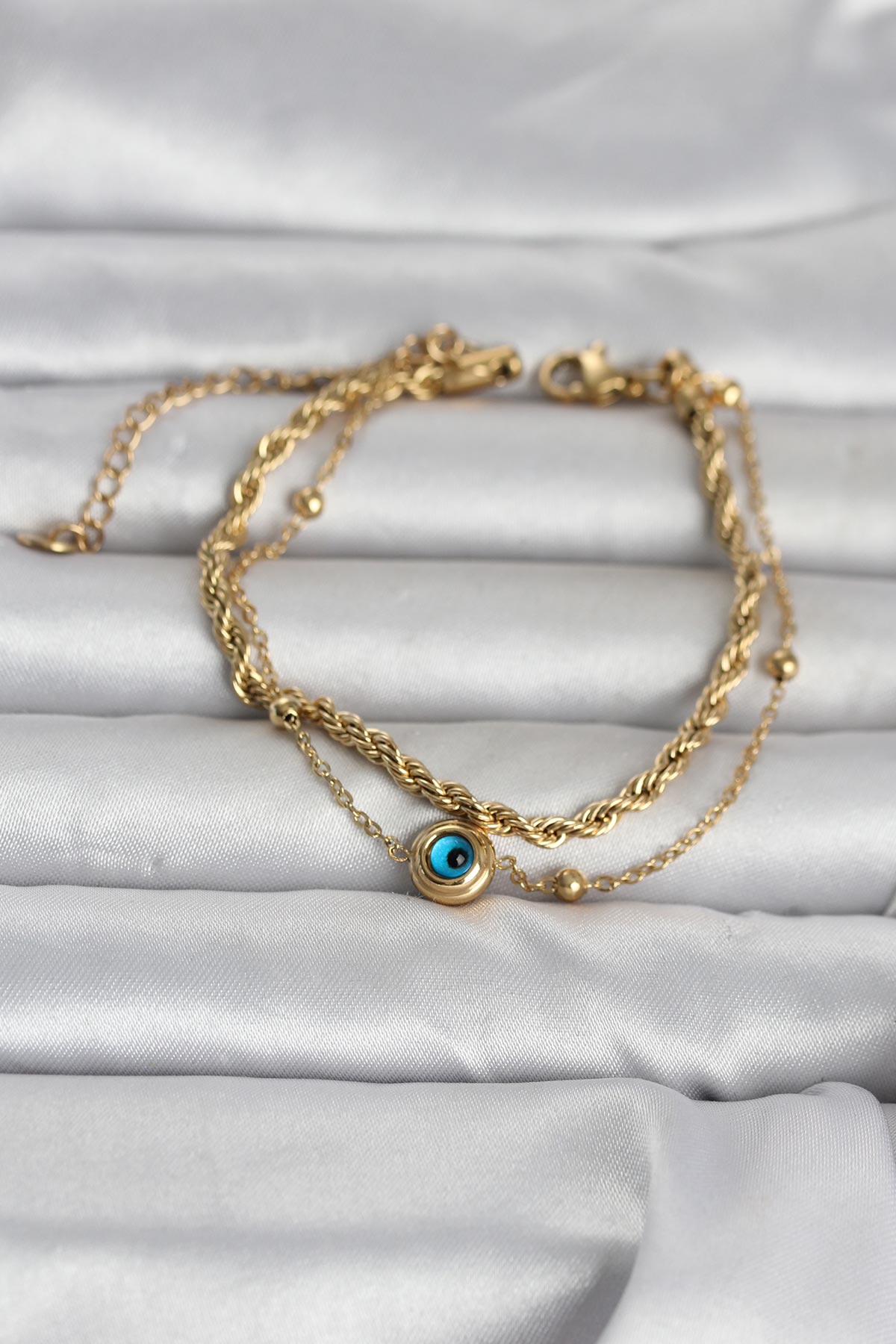 316L Çelik Gold Renk Burgu Zincir ve Nazarlı Kadın Bileklik - TJ-BB8389