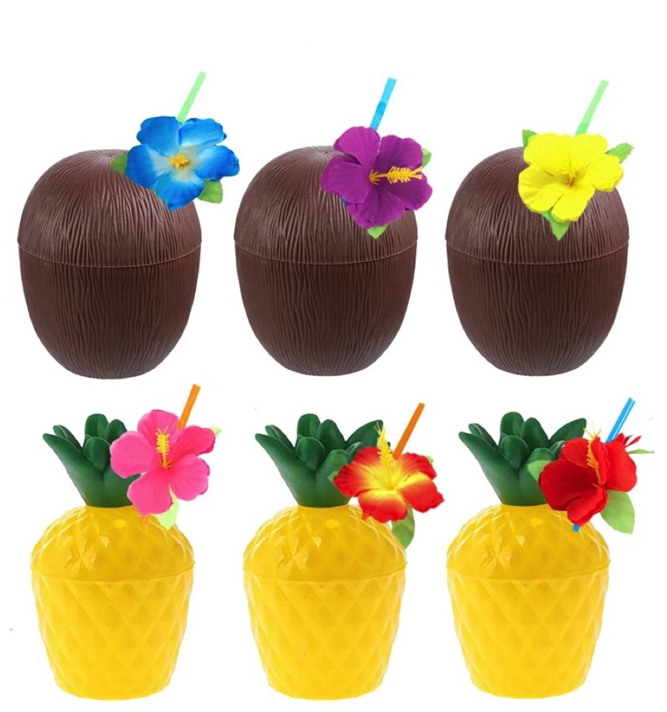 Ananas &amp; Hindistan Cevizi Tasarımlı Pipetli Bardak Seti (6 Adet)