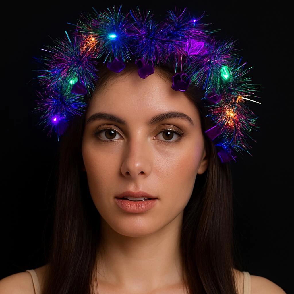Kalp Püsküllü Gece Parıltısı 3 Modlu Led39li Işıklı Taç Mor Renk